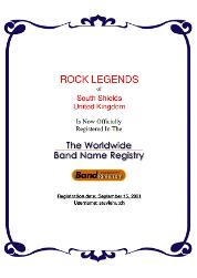Rock Legends band name registration certificate